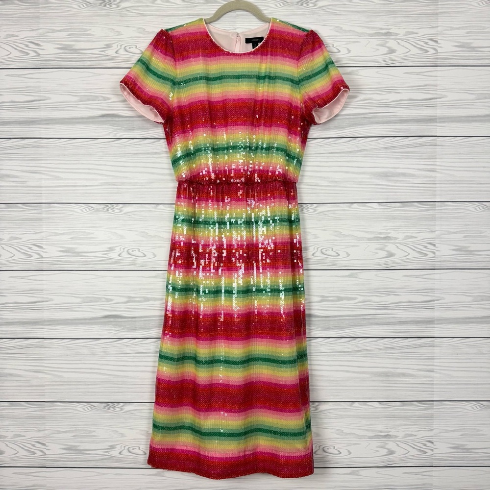 J. Crew Short Sleeve Sequin Midi Dress Watermelon Stripe NWT Size 4 - Picture 5 of 11